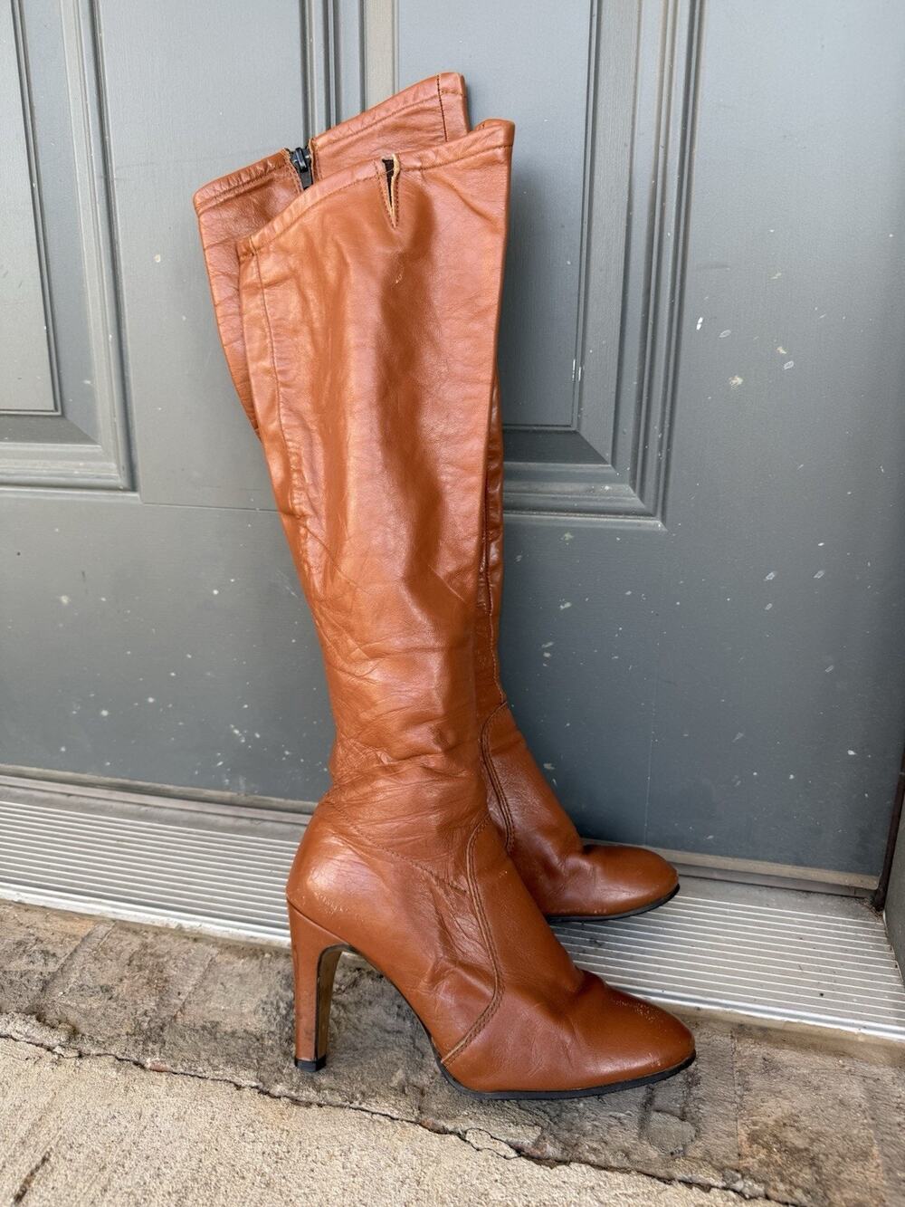 Vintage Brown Leather Knee High Heeled Boots US Women's 6M